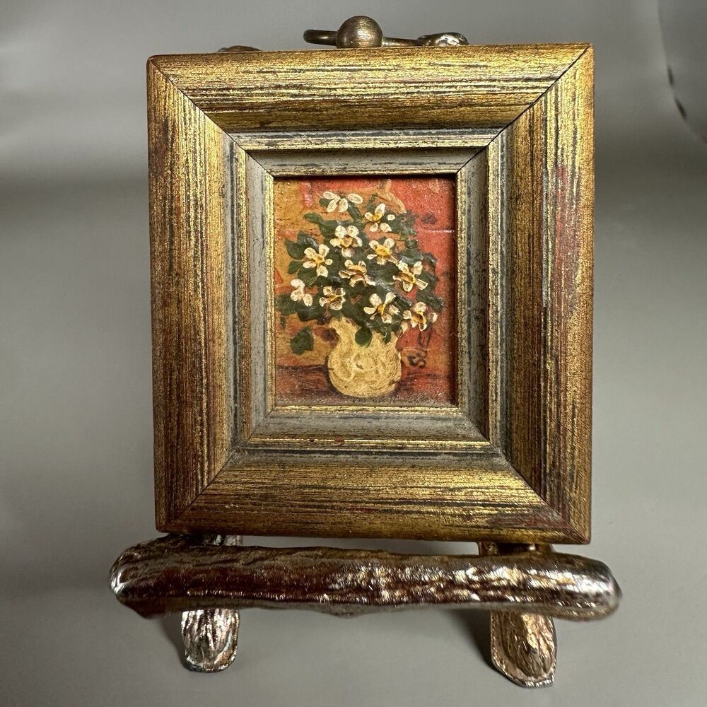 Vtg Sue McCoy Signed Floral Miniature Impasto Giltwood Faux Bamboo Brass Easel